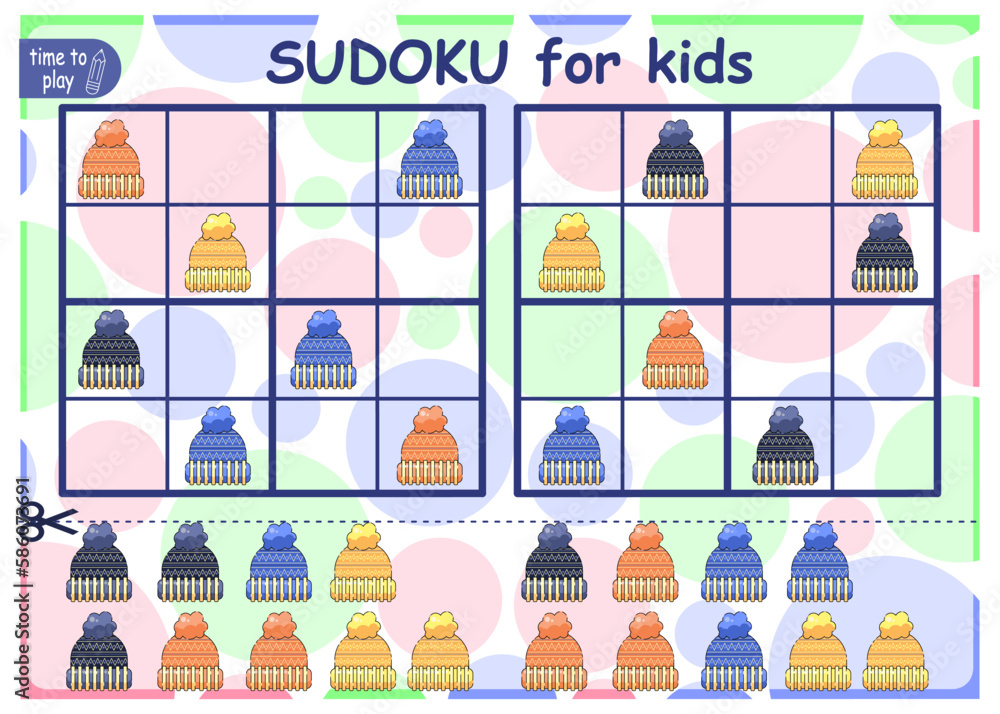 Solve the sudoku puzzle. Logic puzzle for kids. Education game for children. Worksheet vector design for schoolers. cap