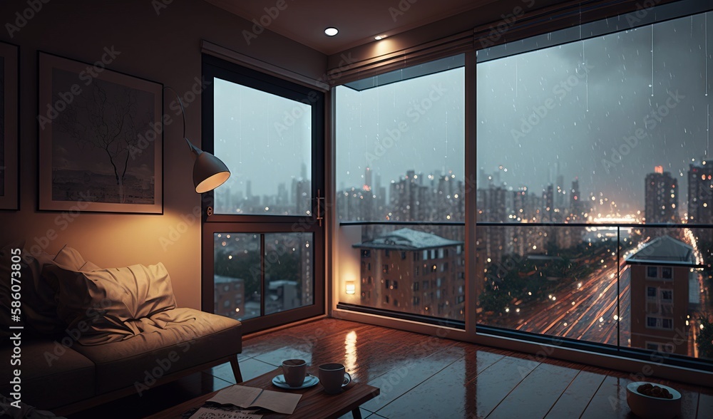  a living room with a view of a city at night.  generative ai