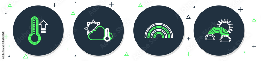 Set line Thermometer and cloud, sun, Rainbow, Meteorology thermometer and with clouds icon. Vector Set line Thermometer and cloud, sun, Rainbow, Meteorology thermometer and with clouds icon. Vector