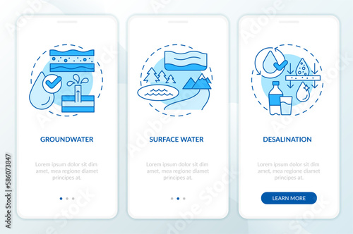Fresh water supply sources blue onboarding mobile app screen. Walkthrough 3 steps editable graphic instructions with linear concepts. UI, UX, GUI template. Myriad Pro-Bold, Regular fonts used