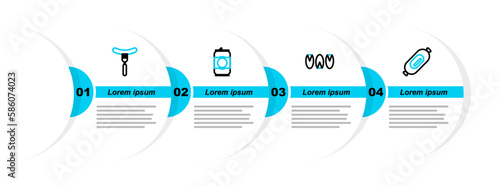 Set line Salami sausage, Pistachio nuts, Beer can and Sausage on the fork icon. Vector