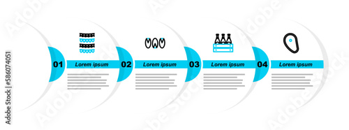 Set line Steak meat, Pack of beer bottles, Pistachio nuts and Carnival garland with flags icon. Vector