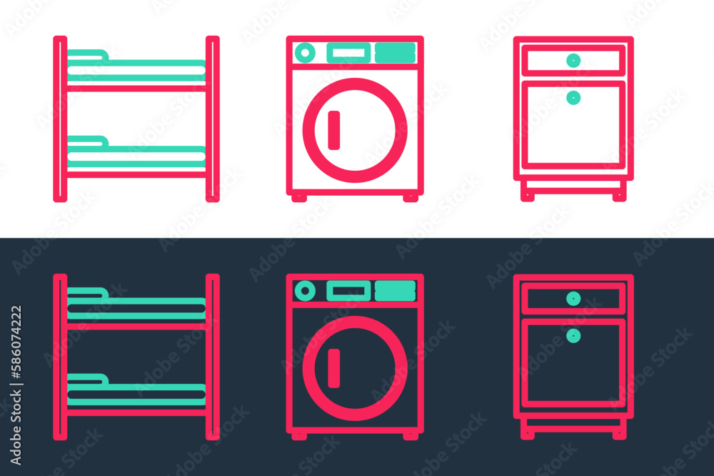 Set line Furniture nightstand, Bunk bed and Washer icon. Vector Set line Furniture nightstand, Bunk bed and Washer icon. Vector