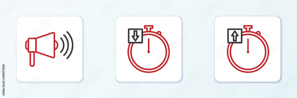 Set line Stopwatch, Megaphone and icon. Vector Set line Stopwatch, Megaphone and icon. Vector
