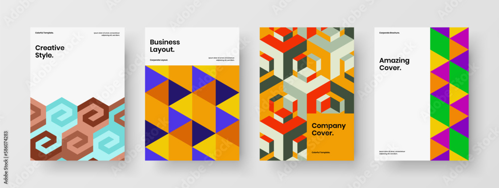 Creative mosaic hexagons corporate brochure layout composition. Minimalistic postcard A4 vector design illustration collection.