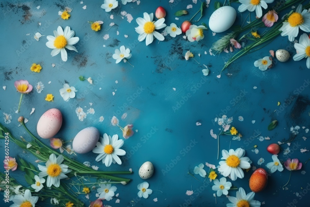 Illustration of colorful spring flowers and Easter eggs arranged on a vibrant blue background created with Generative AI technology Illustration of colorful spring flowers and Easter eggs arranged on a vibrant blue background created with Generative AI technology