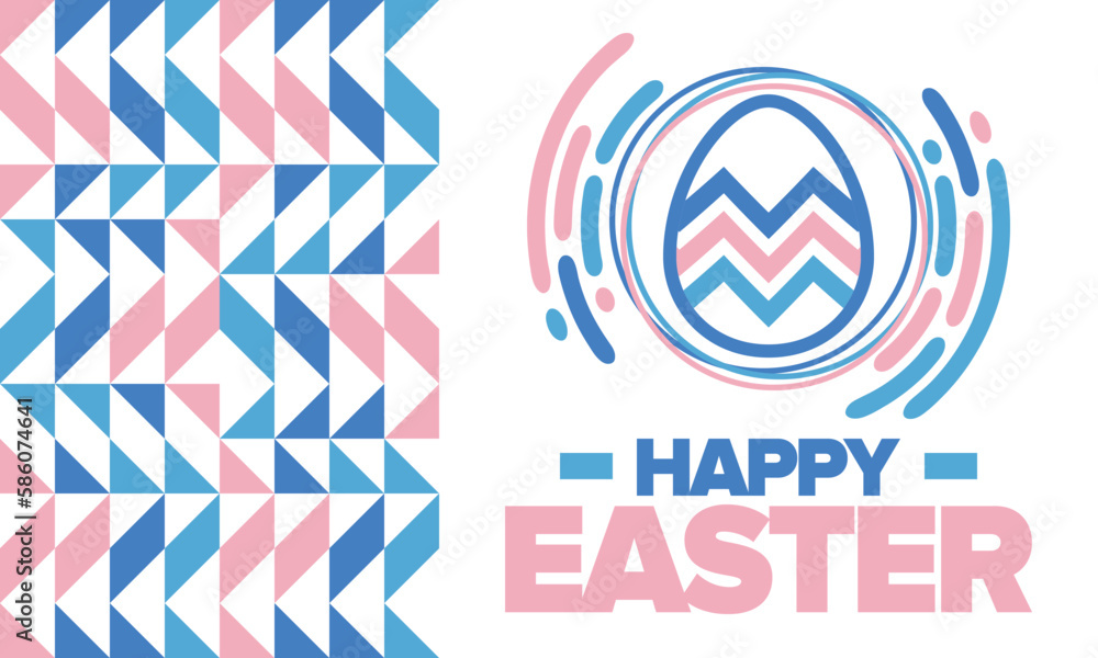 Happy Easter in April. Christian spring holiday in honor of the resurrection of Christ. Biblical history. Traditional dyeing eggs with patterns, fun game for children searching for easter eggs. Vector