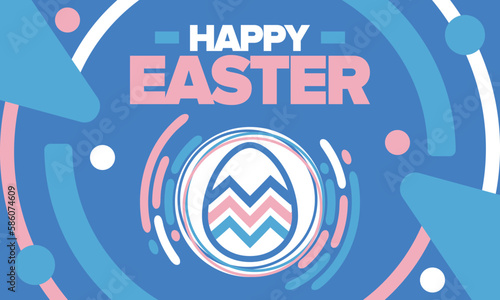 Happy Easter in April. Christian spring holiday in honor of the resurrection of Christ. Biblical history. Traditional dyeing eggs with patterns, fun game for children searching for easter eggs. Vector