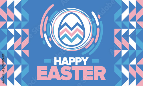 Happy Easter in April. Christian spring holiday in honor of the resurrection of Christ. Biblical history. Traditional dyeing eggs with patterns, fun game for children searching for easter eggs. Vector