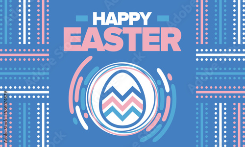 Happy Easter in April. Christian spring holiday in honor of the resurrection of Christ. Biblical history. Traditional dyeing eggs with patterns, fun game for children searching for easter eggs. Vector
