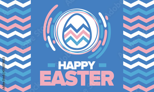 Happy Easter in April. Christian spring holiday in honor of the resurrection of Christ. Biblical history. Traditional dyeing eggs with patterns, fun game for children searching for easter eggs. Vector