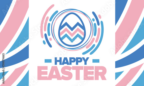 Happy Easter in April. Christian spring holiday in honor of the resurrection of Christ. Biblical history. Traditional dyeing eggs with patterns, fun game for children searching for easter eggs. Vector