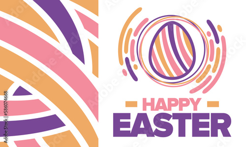 Happy Easter in April. Christian spring holiday in honor of the resurrection of Christ. Biblical history. Traditional dyeing eggs with patterns, fun game for children searching for easter eggs. Vector