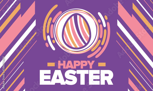 Happy Easter in April. Christian spring holiday in honor of the resurrection of Christ. Biblical history. Traditional dyeing eggs with patterns, fun game for children searching for easter eggs. Vector