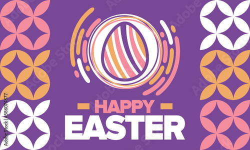Happy Easter in April. Christian spring holiday in honor of the resurrection of Christ. Biblical history. Traditional dyeing eggs with patterns, fun game for children searching for easter eggs. Vector