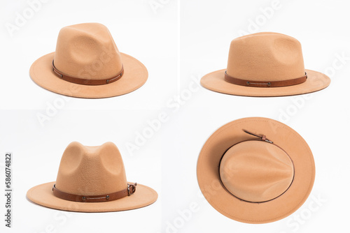 Set of 4 angles stilish brown safari style hat with strap for women, isolated white background.