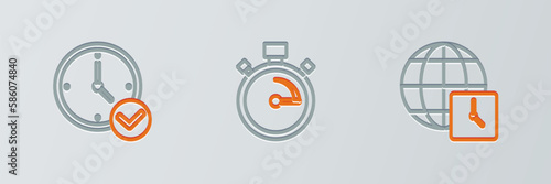 Set line World time, Clock and Stopwatch icon. Vector