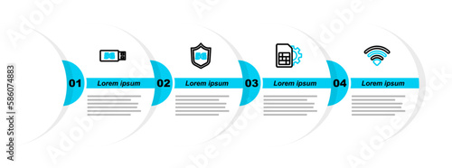 Set line Wi-Fi wireless network, Sim card setting, Protective shield 5G and modem icon. Vector