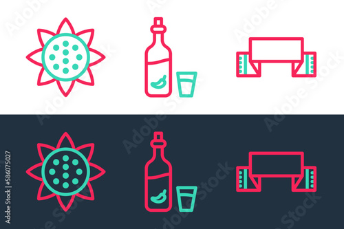 Set line Embroidered towel, Sunflower and Vodka with pepper and glass icon. Vector