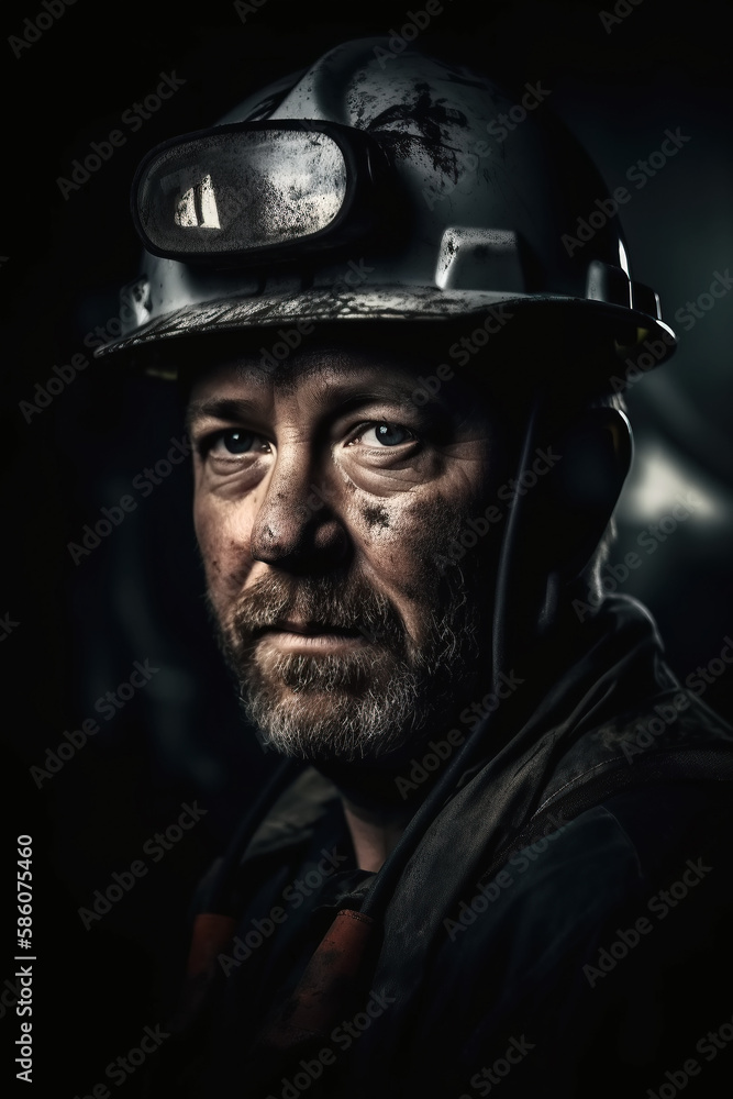 portrait of dirty miner in helmet in a coal mine. Generative AI