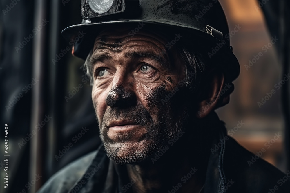miner with a dirty face in helmet at work in coal mine. Generative AI miner with a dirty face in helmet at work in coal mine. Generative AI