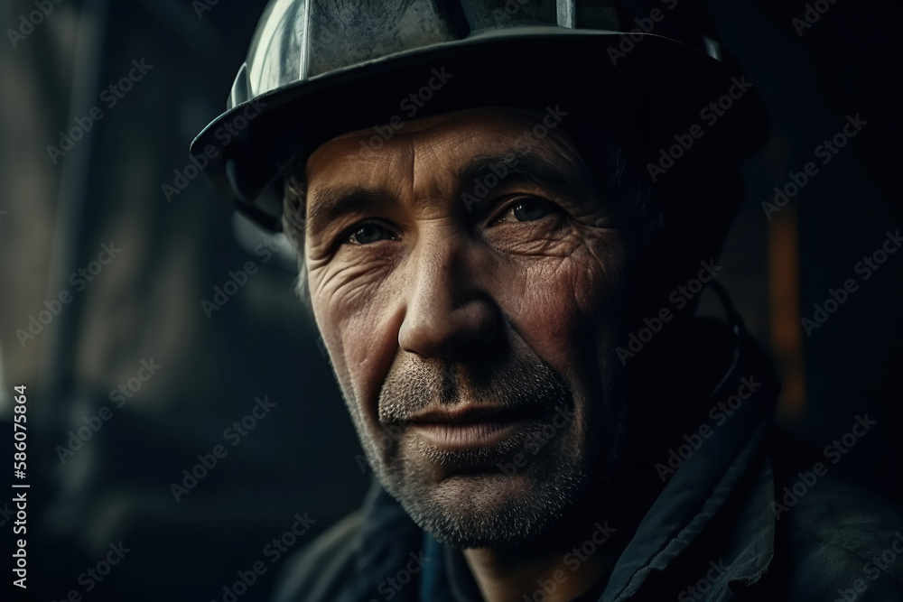 miner with a dirty face in helmet at work in coal mine. Generative AI miner with a dirty face in helmet at work in coal mine. Generative AI
