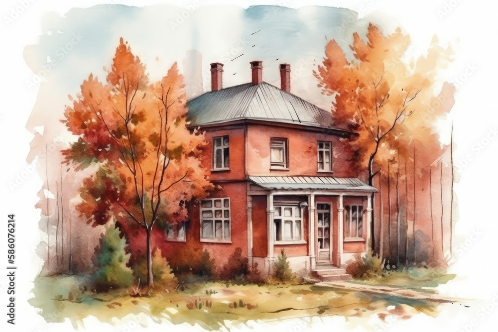 quaint house surrounded by lush trees in a watercolor painting created with Generative AI technology