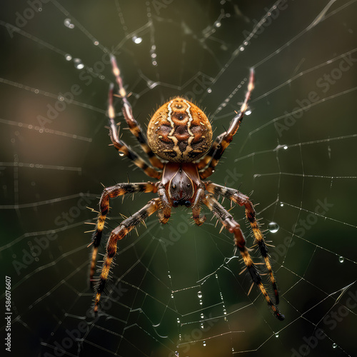 Une araignée jaune et marron tissant sa toile. Des perles d'eau y sont prise au piège