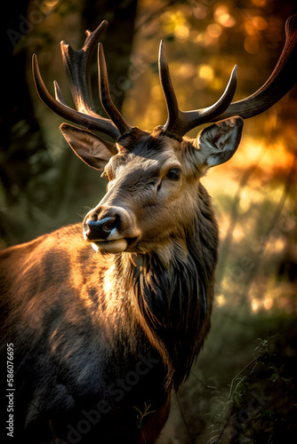 Wonderful portrait of big stag in sunset light - Generative AI © HeGraDe