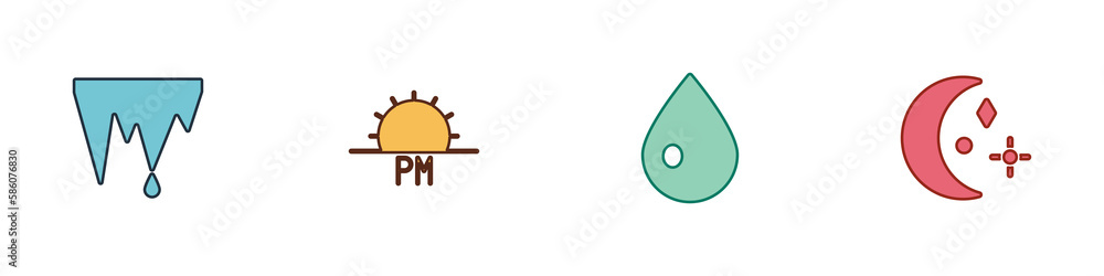 Set Icicle, Sunset, Water drop and Moon and stars icon. Vector Set Icicle, Sunset, Water drop and Moon and stars icon. Vector