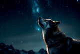 Wolf looking into the starry sky at night - Generative AI