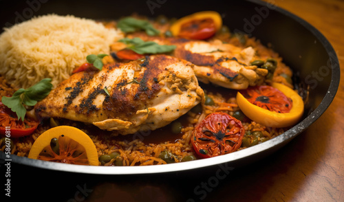  a pan filled with chicken and rice with tomatoes and peppers. generative ai