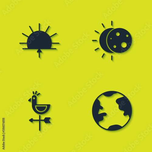 Set Sunrise, Earth globe, Rooster weather vane and Eclipse of sun icon. Vector