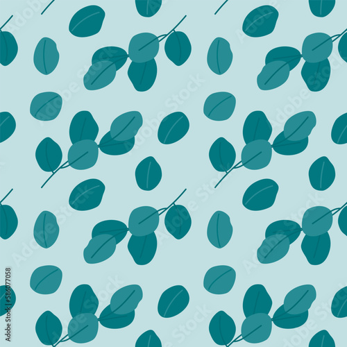 Seamless pattern of twigs with leaves on a light green background. The plant is flat. Vector background.