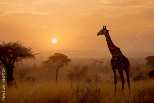 Giraffe stares at sunset in african savannah - Generative AI.