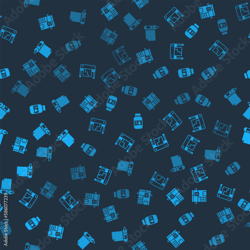 Set Copy machine, Plotter, Printer ink bottle and Roll of paper on seamless pattern. Vector