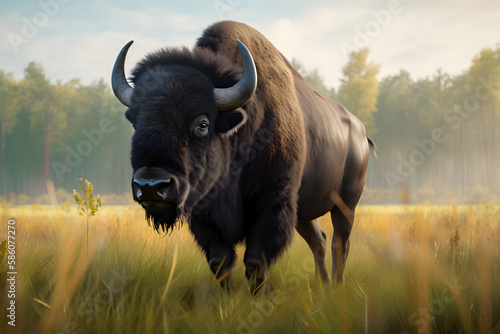 Big dark buffalo on medow - Generative AI