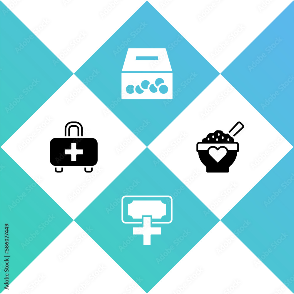 Set First aid kit, Donation and charity, and food icon. Vector Set First aid kit, Donation and charity, and food icon. Vector