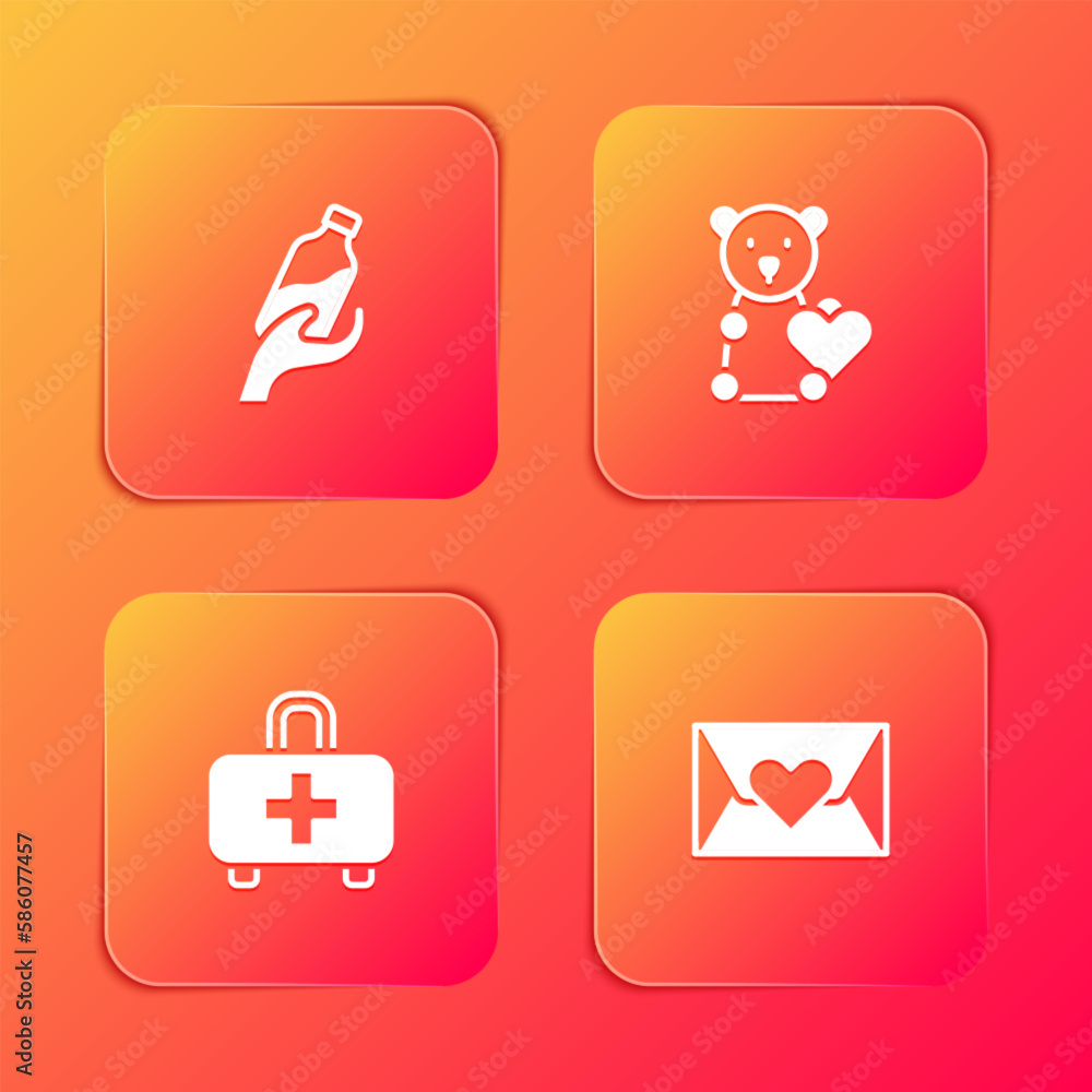 Set Donation water, Donate child toys, First aid kit and Envelope with heart icon. Vector Set Donation water, Donate child toys, First aid kit and Envelope with heart icon. Vector