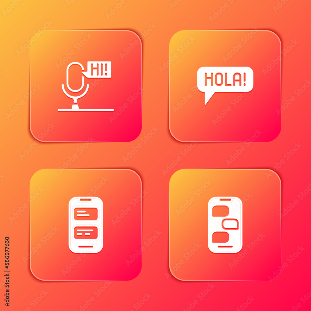 Set Microphone voice device, Hola in different languages, Online translator and New chat messages notification icon. Vector Set Microphone voice device, Hola in different languages, Online translator and New chat messages notification icon. Vector