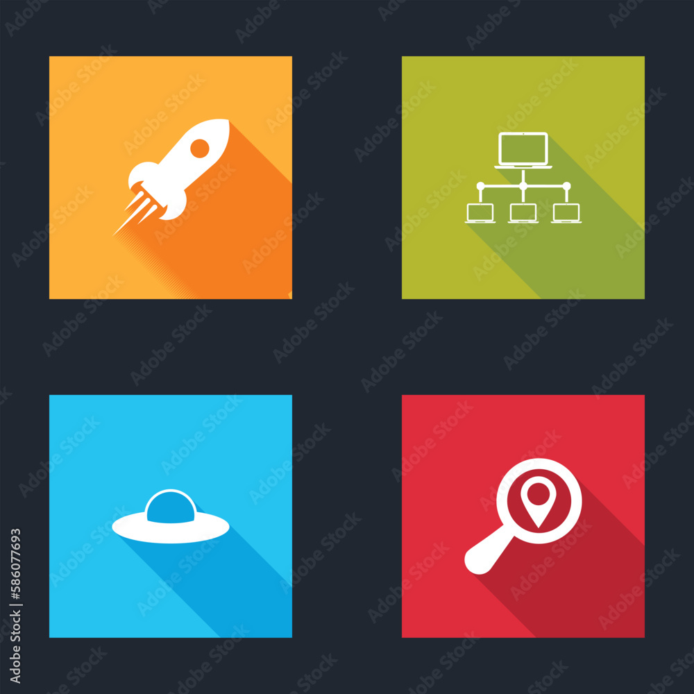 Set Rocket ship with fire, Computer network, UFO flying spaceship and Search location icon. Vector Set Rocket ship with fire, Computer network, UFO flying spaceship and Search location icon. Vector