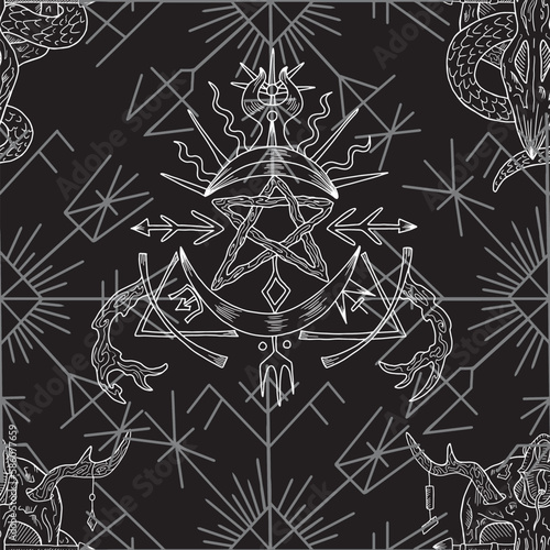Vector seamless pattern with graphic illustrations with abstract mystic, esoteric and occult symbols, Halloween and witchcraft concept