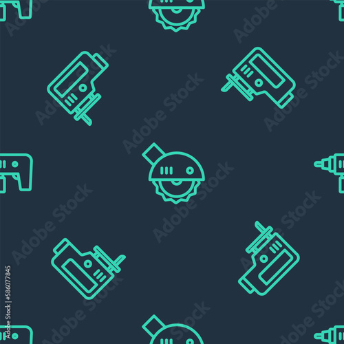 Set line Electric circular saw, jigsaw and drill machine on seamless pattern. Vector
