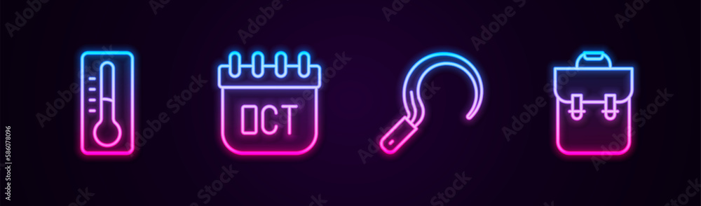 Set line Thermometer, October calendar autumn, Sickle and School backpack. Glowing neon icon. Vector Set line Thermometer, October calendar autumn, Sickle and School backpack. Glowing neon icon. Vector