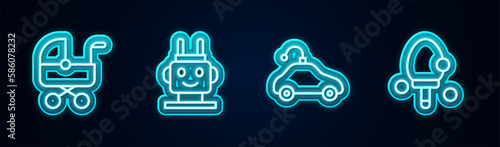 Set line Baby stroller, Robot toy, Radio controlled car and Racket. Glowing neon icon. Vector