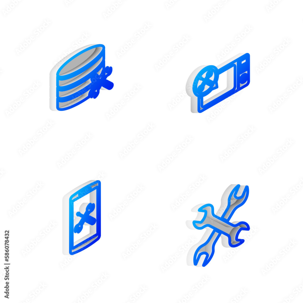 Set Isometric line Microwave oven service, Database server, Smartphone and Crossed wrenchs icon. Vector Set Isometric line Microwave oven service, Database server, Smartphone and Crossed wrenchs icon. Vector