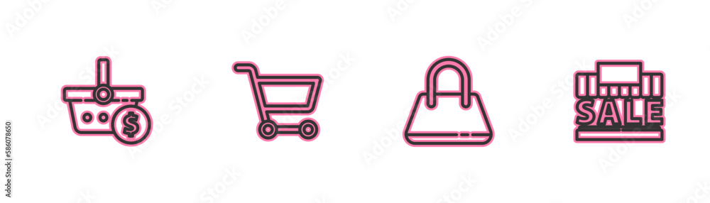 Set line Shopping basket and dollar, Handbag, cart and building sale icon. Vector Set line Shopping basket and dollar, Handbag, cart and building sale icon. Vector