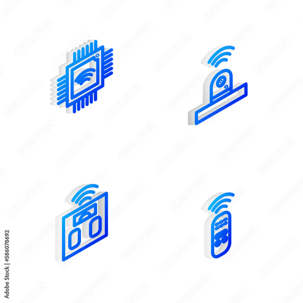 Set Isometric line Smart security camera, Processor with microcircuits CPU, bathroom scales and remote control icon. Vector Set Isometric line Smart security camera, Processor with microcircuits CPU, bathroom scales and remote control icon. Vector
