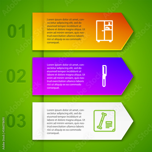 Set line Medicine cabinet, Medical saw, X-ray shots and scissors. Business infographic template. Vector