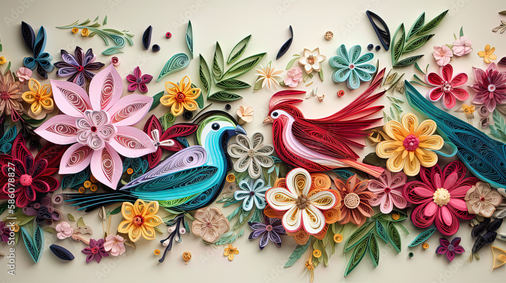 Paper quilling bird sits in flowers. Spring flowers paper art. 
